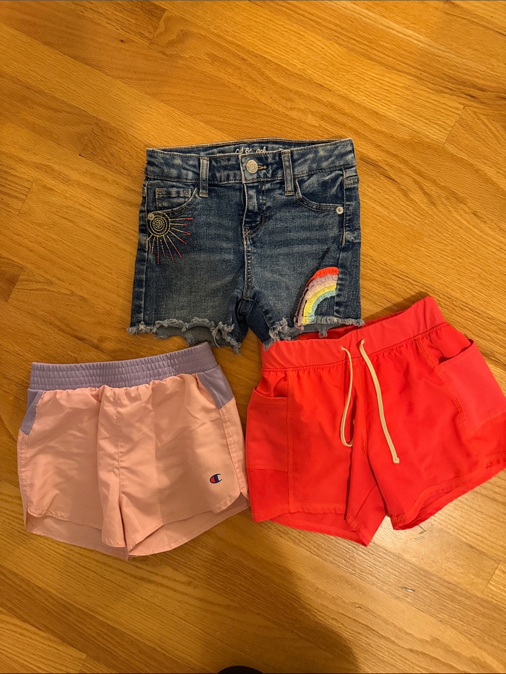 3 shorts! Champion Pink, Orange Athletic Shorts, Jean Shorts w/ Embroidery
